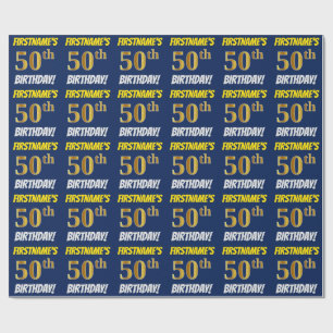 Blue, Faux/Imitation Gold, "50th BIRTHDAY" Wrapping Paper