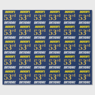 Blue, Faux/Imitation Gold, "53rd BIRTHDAY" Wrapping Paper