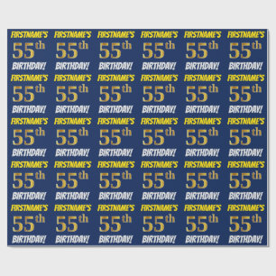 Blue, Faux/Imitation Gold, "55th BIRTHDAY" Wrapping Paper