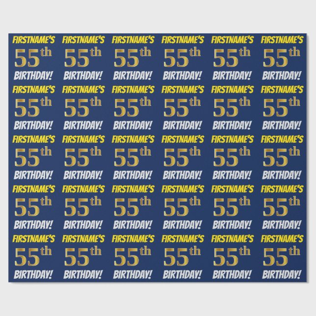 Blue, Faux/Imitation Gold, "55th BIRTHDAY" Wrapping Paper (Flat)