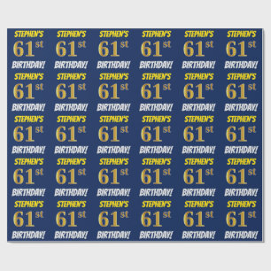 Blue, Faux/Imitation Gold, "61st BIRTHDAY" Wrapping Paper