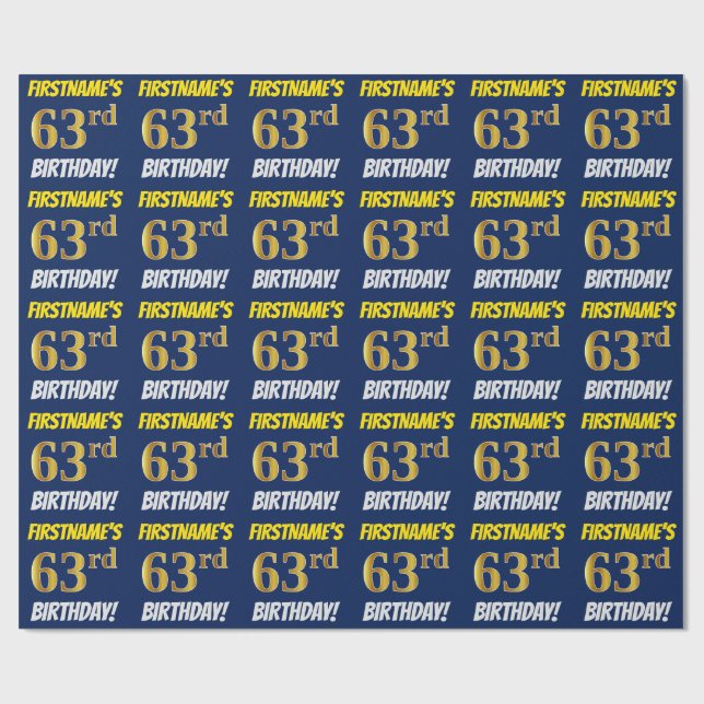 Blue, Faux/Imitation Gold, "63rd BIRTHDAY" Wrapping Paper (Flat)