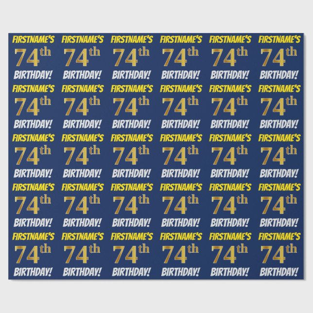 Blue, Faux/Imitation Gold, "74th BIRTHDAY" Wrapping Paper (Flat)