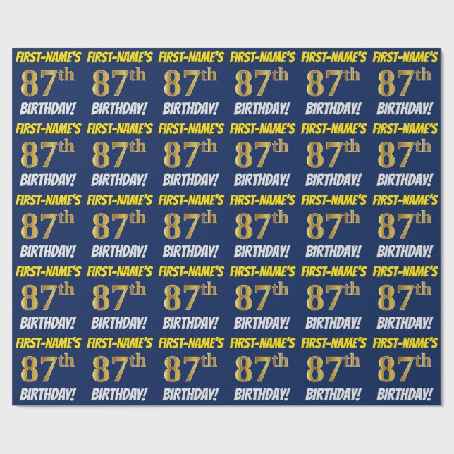 Blue, Faux/Imitation Gold, "87th BIRTHDAY" Wrapping Paper (Flat)