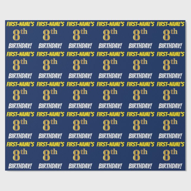 Blue, Faux/Imitation Gold, "8th BIRTHDAY" Wrapping Paper (Flat)