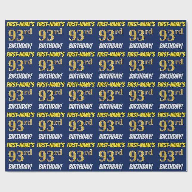 Blue, Faux/Imitation Gold, "93rd BIRTHDAY" Wrapping Paper (Flat)