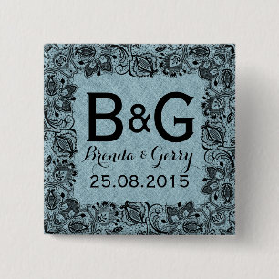 Blue Faux Linen & Black Floral Lace Frame 2 Inch Square Button