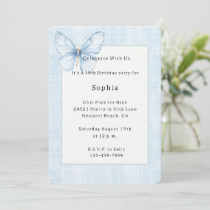 Blue Faux Linen Butterfly Birthday   Invitation
