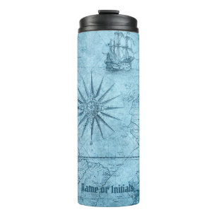 Blue Faux Old World Map Design, Thermal Tumbler