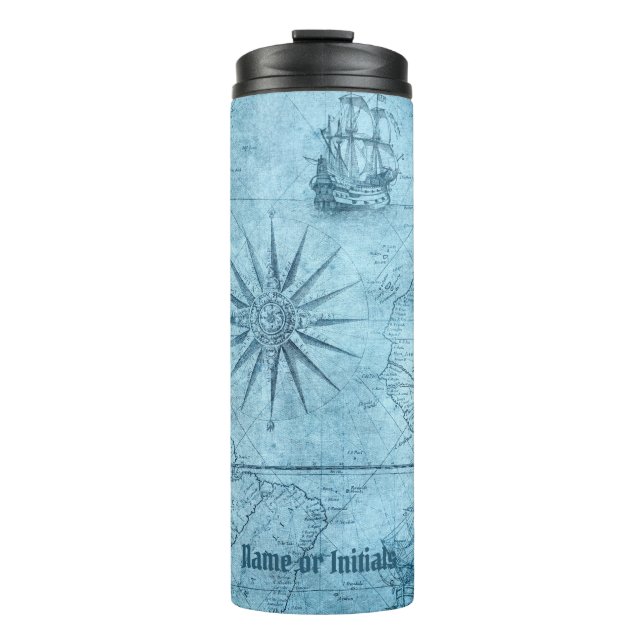 Blue Faux Old World Map Design, Thermal Tumbler (Front)