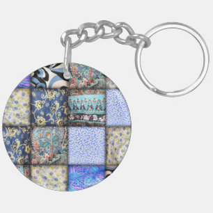 Blue Faux Patchwork Quilting Pattern Keychain