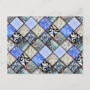 Blue Faux Patchwork Quilting Pattern Postcard