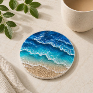 Blue Faux Resin Waves Coastal Beach Coaster