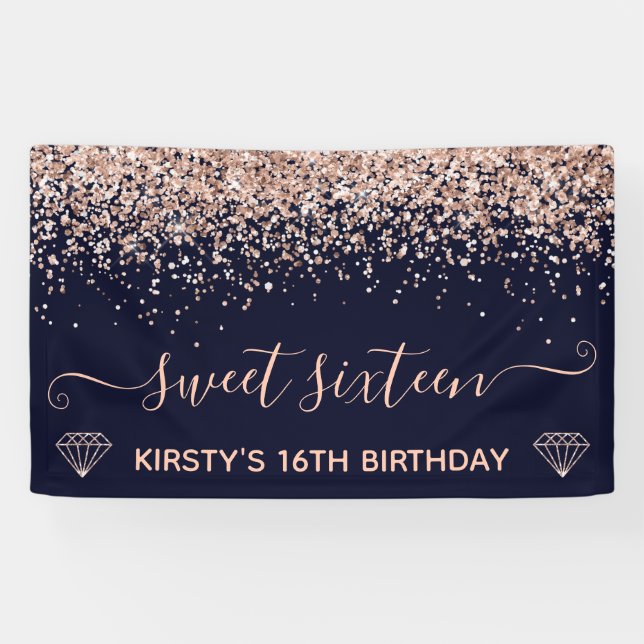 Blue & Faux Rose Gold Glitter Sweet 16 Banner (Horizontal)