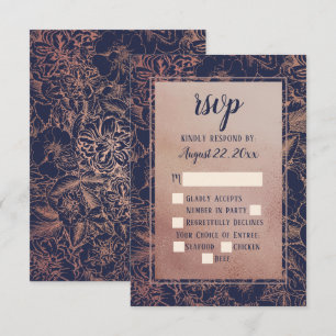 Blue Faux Rose Gold Vintage Rose Floral RSVP Card