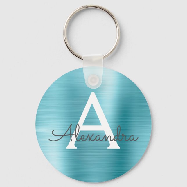 Blue Faux Stainless Steel Monogram Keychain (Front)