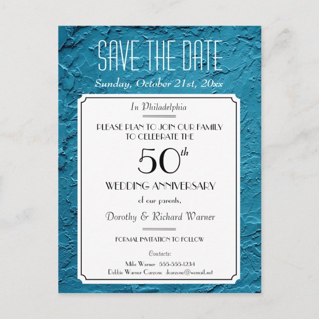 Blue Faux Textured Party Reunion Save the Date Announcement Postcard (Front)