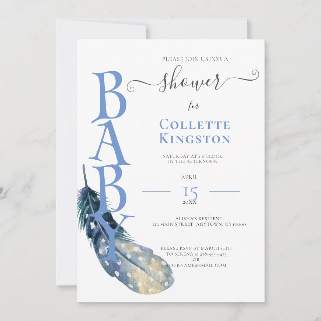 BLUE FEATHER BOY BABY SHOWER Invitation (Front)