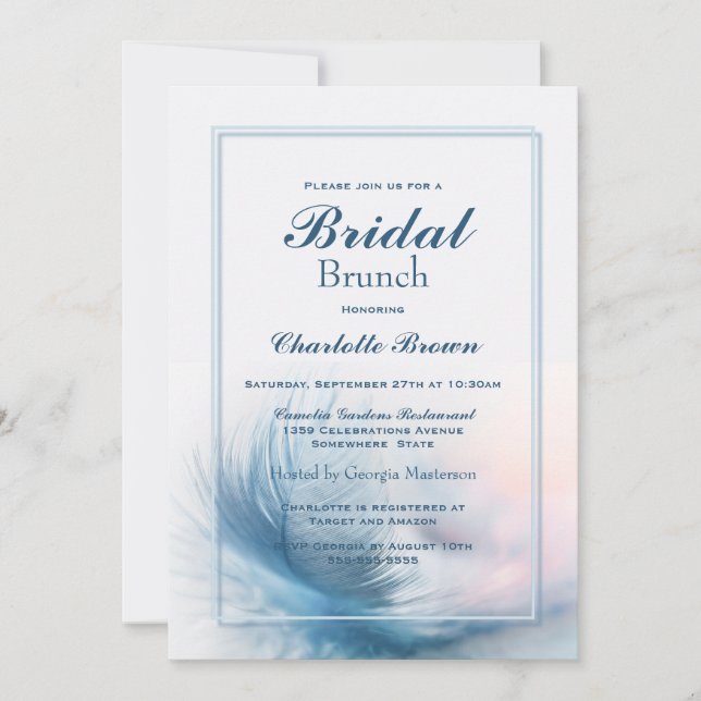 Blue Feather Bridal Brunch Invitation (Front)