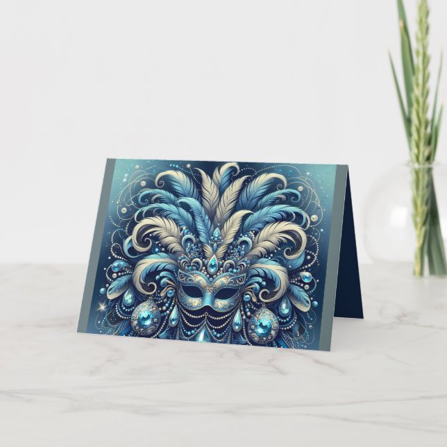 Blue Feather Masquerade Mask Illustration Card (Front)
