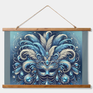 Blue Feather Masquerade Mask Illustration Hanging Tapestry