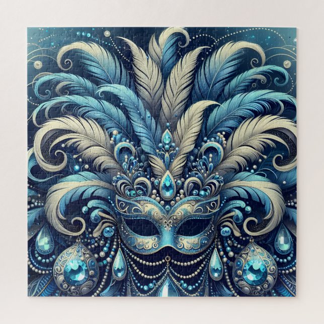 Blue Feather Masquerade Mask Illustration Jigsaw Puzzle (Vertical)