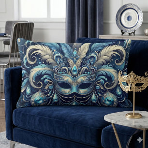 Blue Feather Masquerade Mask Illustration Lumbar Pillow