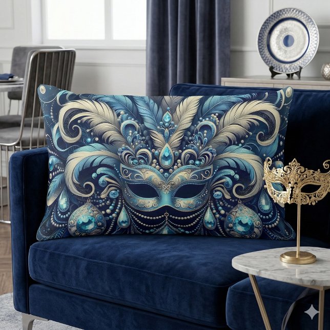 Blue Feather Masquerade Mask Illustration Lumbar Pillow (Blue Feather Masquerade Mask Illustration Lumbar Pillow Mockup A)