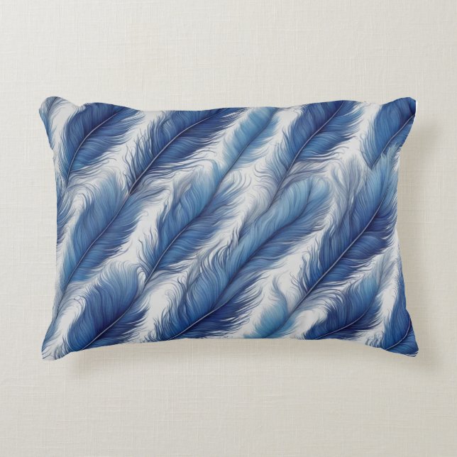 Blue Feather Pattern Art Print Accent Pillow (Front)