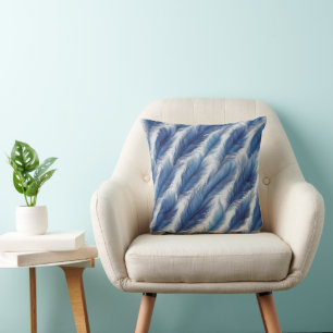 Blue Feather Pattern Art Print Throw Pillow