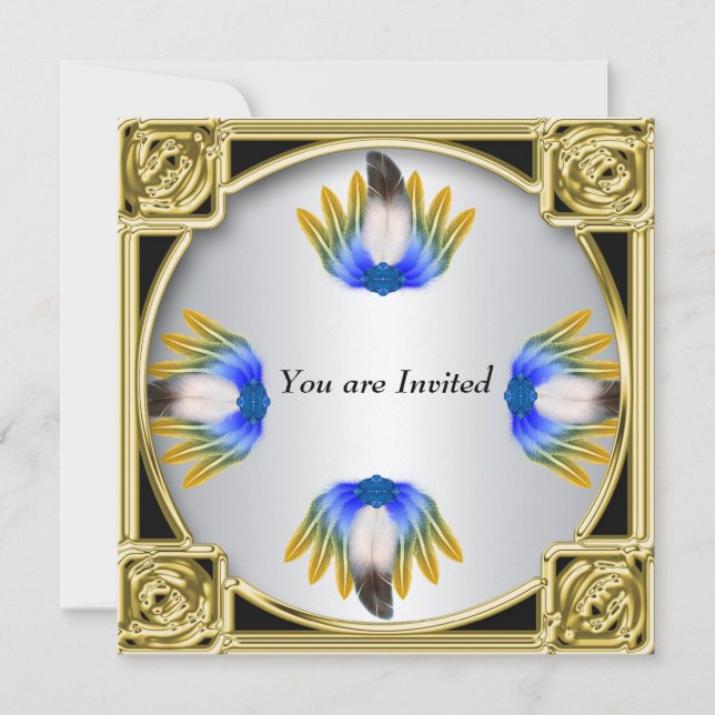 Blue Feather Silver Gold Frame Invitation (Front)