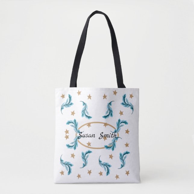 Blue Feathers and Gold Stars Boho Style on White Tote Bag (Front)