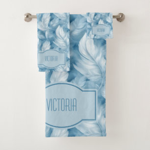 Blue Feathers Delicate Pale Blue Monogrammed Bath Towel Set