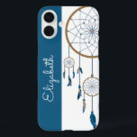 Blue Feathers Dreamcatcher Custom Name Boho iPhone 16 Plus Case<br><div class="desc">This boho style phone case features a blue and white vertical background and matching blue string dreamcatcher and feathers. Personalize the case in the text field with a name,  remove the text or click customize to select a typeface style,  size,  and colour you like.</div>
