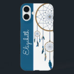 Blue Feathers Dreamcatcher Custom Name Boho iPhone 16 Plus Case<br><div class="desc">This boho style phone case features a blue and white vertical background and matching blue string dreamcatcher and feathers. Personalize the case in the text field with a name,  remove the text or click customize to select a typeface style,  size,  and colour you like.</div>