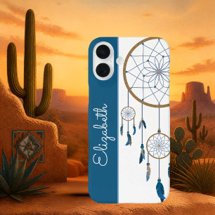 Blue Feathers Dreamcatcher Custom Name Boho iPhone 16 Plus Case