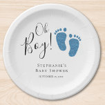 Blue Feet Baby Boy Baby Shower  Paper Plate<br><div class="desc">Are you planning a boy's baby shower?
These cute Boy's Baby Shower paper plates are decorated with blue glitter baby feet and say "Oh Boy" in stylish script typography.
The text is customizable.
Original Watercolor © Michele Davies.</div>