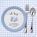 Blue Feet Baby Boy Shower Paper Plate<br><div class="desc">Cute paper plates for your baby boy shower featuring "oh boy" in a stylish script with swashes and a blue watercolor of baby feet. Underneath you can easily personalize with your name and shower date.</div>