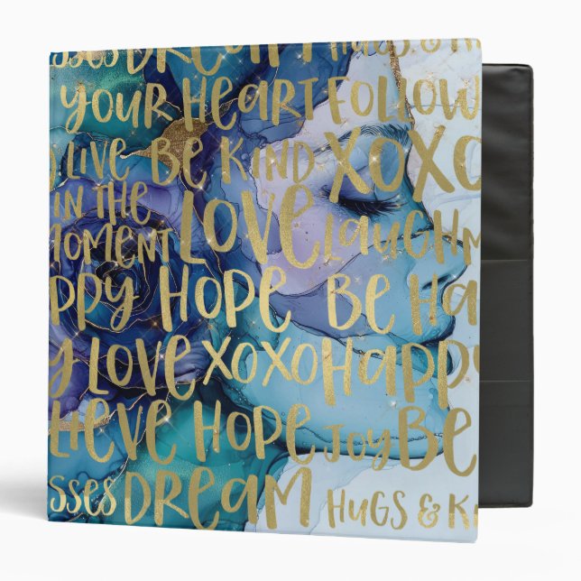 Blue Female Face Gold Inspirational Quotes Binder (Front/Inside)