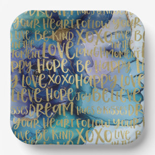 Blue Female Face Gold Inspirational Quotes Paper Plate