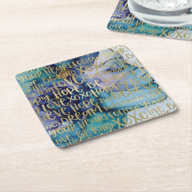 Blue Female Face Gold Inspirational Quotes Square Paper Coaster (Angled)