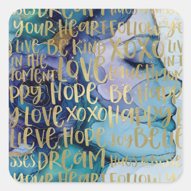 Blue Female Face Gold Inspirational Quotes Square Sticker (Front)