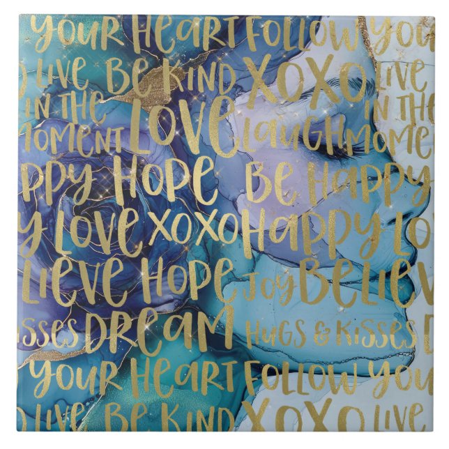 Blue Female Face Gold Inspirational Quotes Tile (Front)