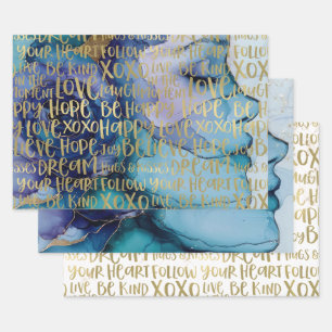 Blue Female Face Gold Inspirational Quotes Wrapping Paper Sheet