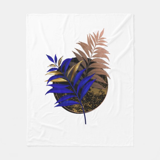 Blue fern on black circle fleece blanket (Front)
