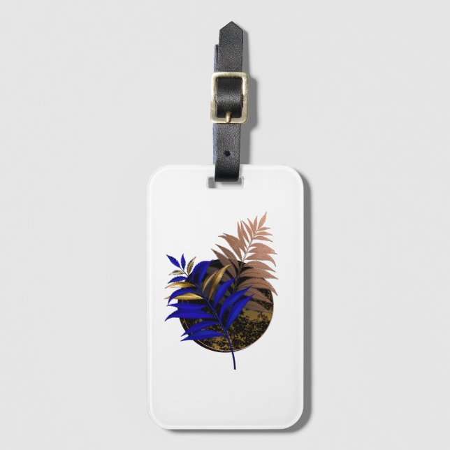 Blue fern on black circle luggage tag (Front Vertical)