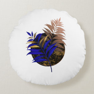 Blue fern on black circle round pillow