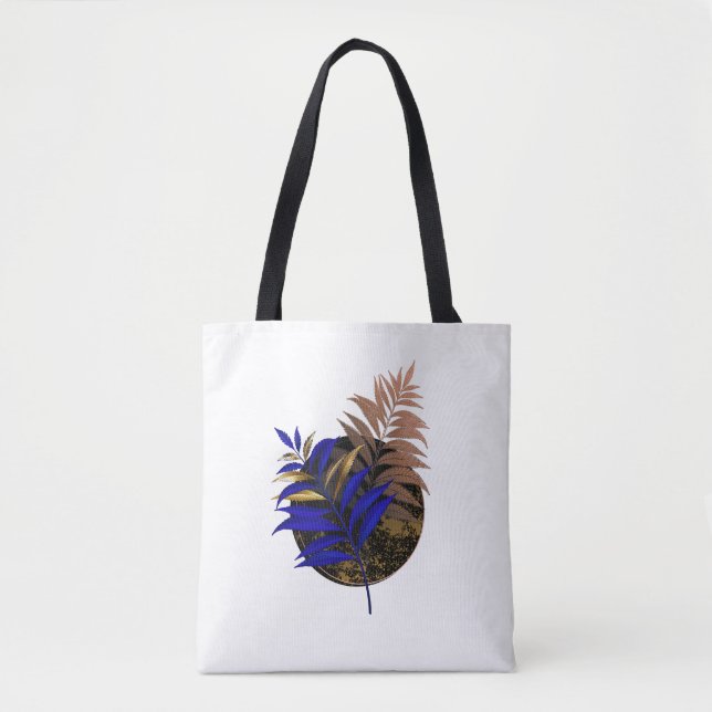 Blue fern on black circle tote bag (Front)