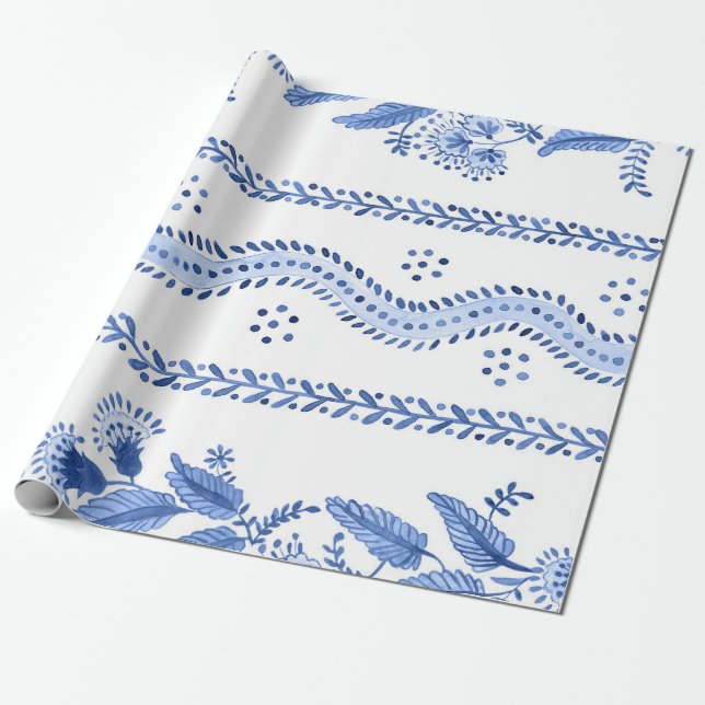 Blue Fern Stripe Wrapping Paper (Unrolled)