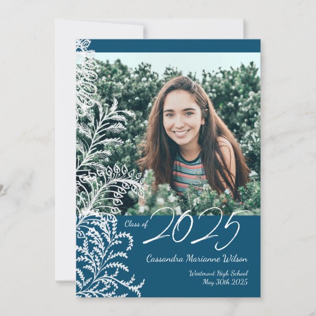Blue Fern Vintage Photo Graduation Invitation (Front)